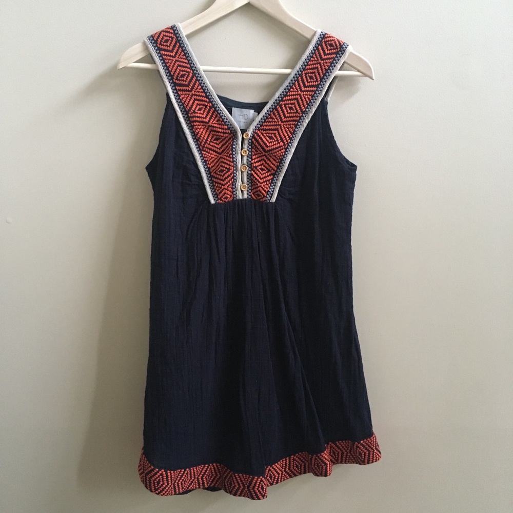 Anthropologie- navy dress w/ orange embroidery, S